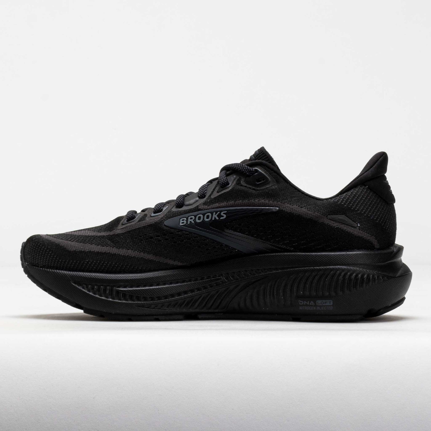 Brooks Ghost 18 running shoe in black colorway with mesh upper and cushioned sole