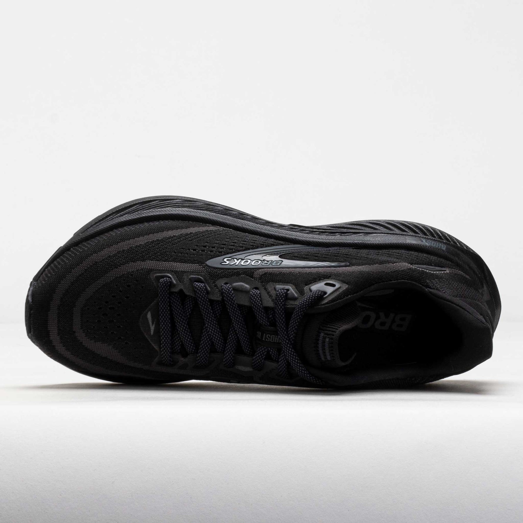 Brooks Ghost 18 running shoe in black colorway shown from top-down view