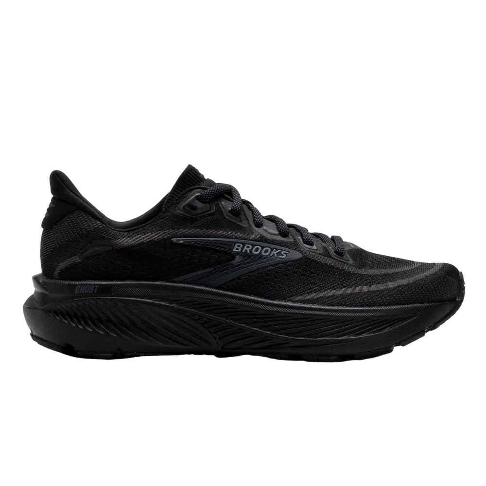 Brooks Ghost 18 running shoes in all black colorway on white background