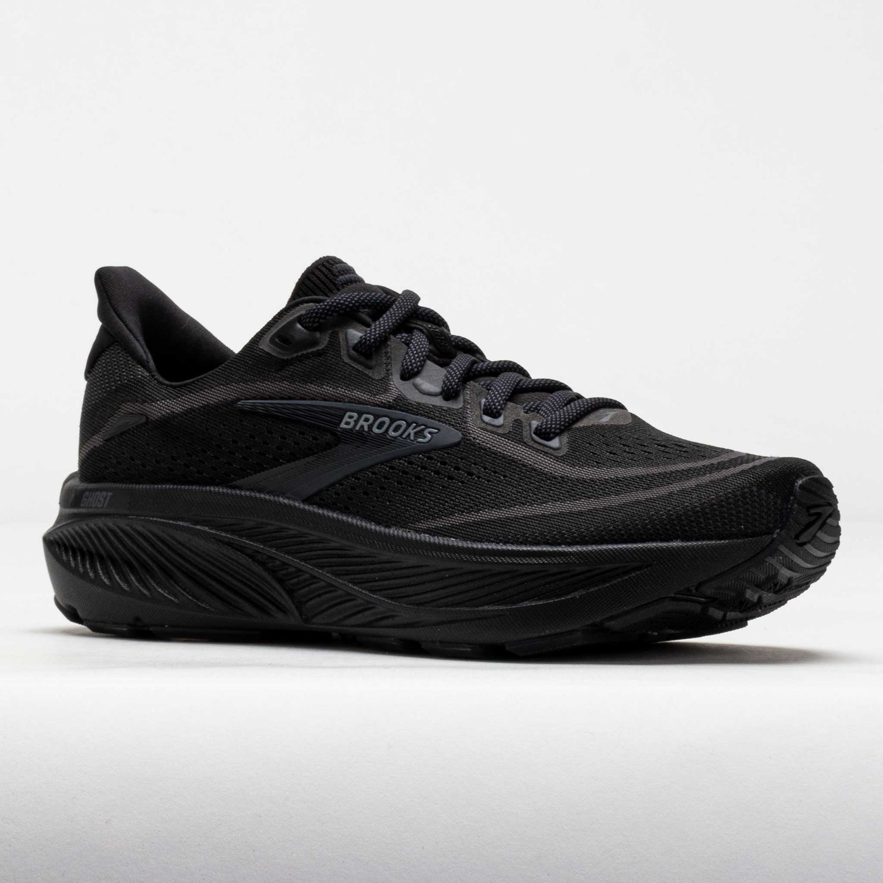 Brooks Ghost 18 running shoes in all black colorway on white background