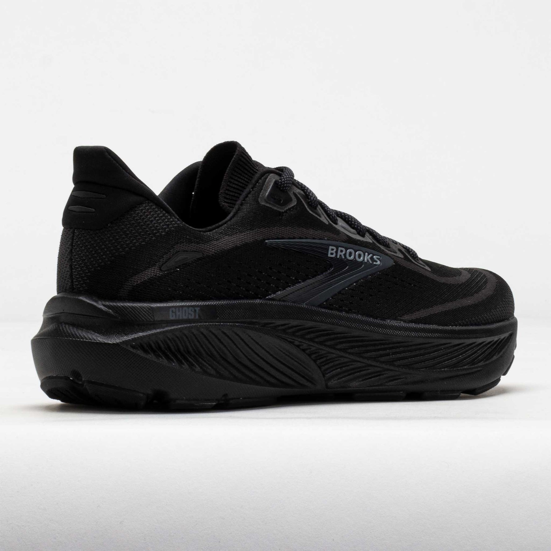 Brooks Ghost running shoe in all black colorway with mesh upper