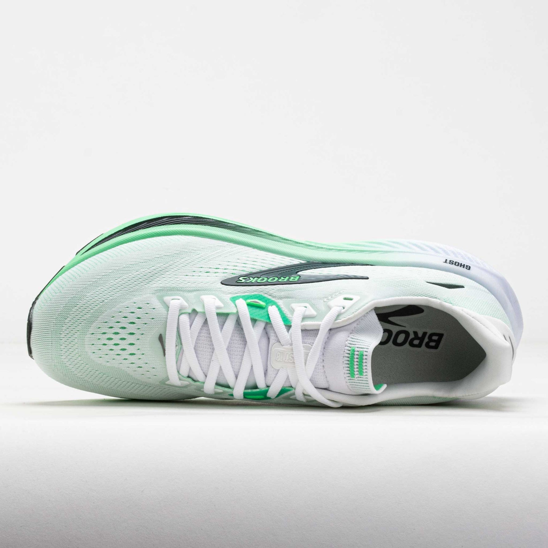 Brooks Ghost 18 running shoe in light green and white colorway, side view
