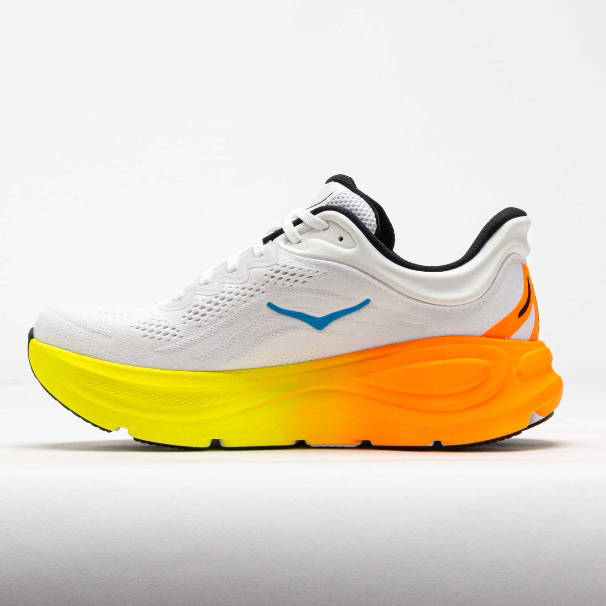 HOKA Bondi 9 running shoe in white with neon tangerine and yellow gradient sole