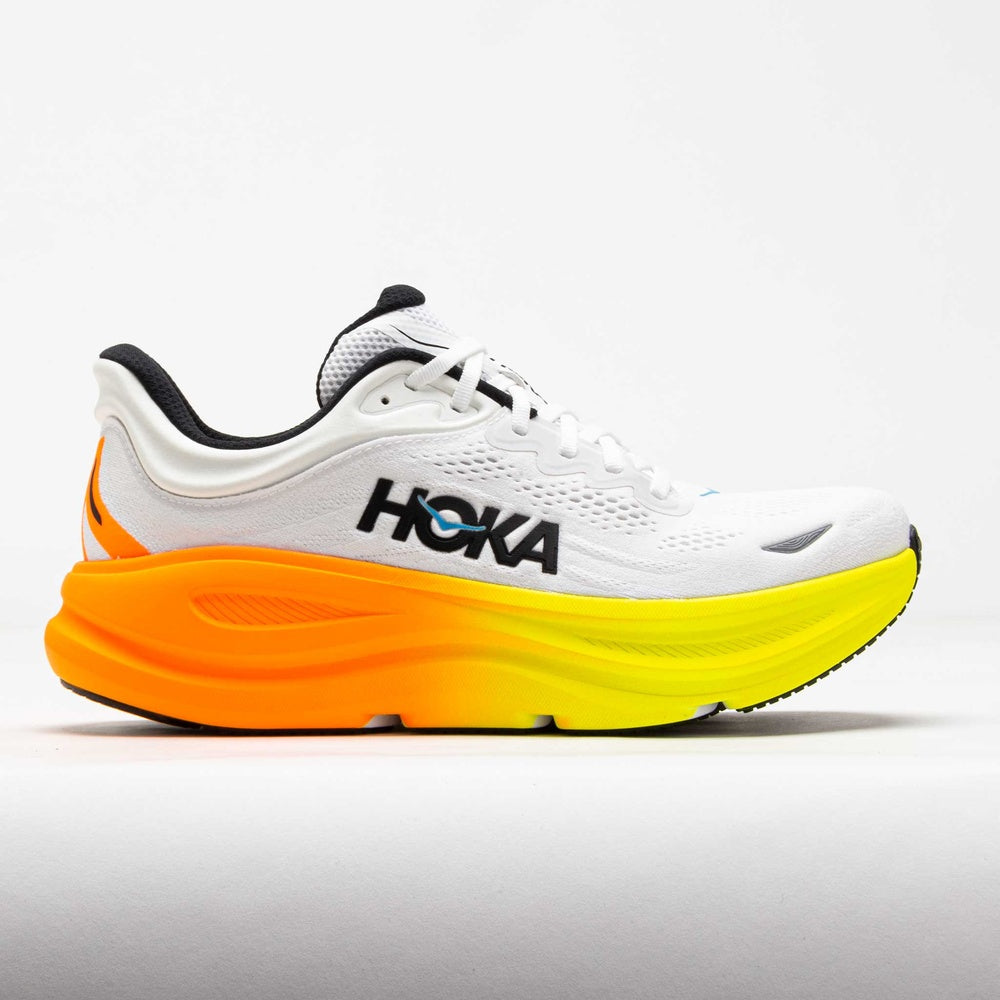 HOKA Bondi 9 running shoe in white with neon tangerine and yellow midsole, lateral view