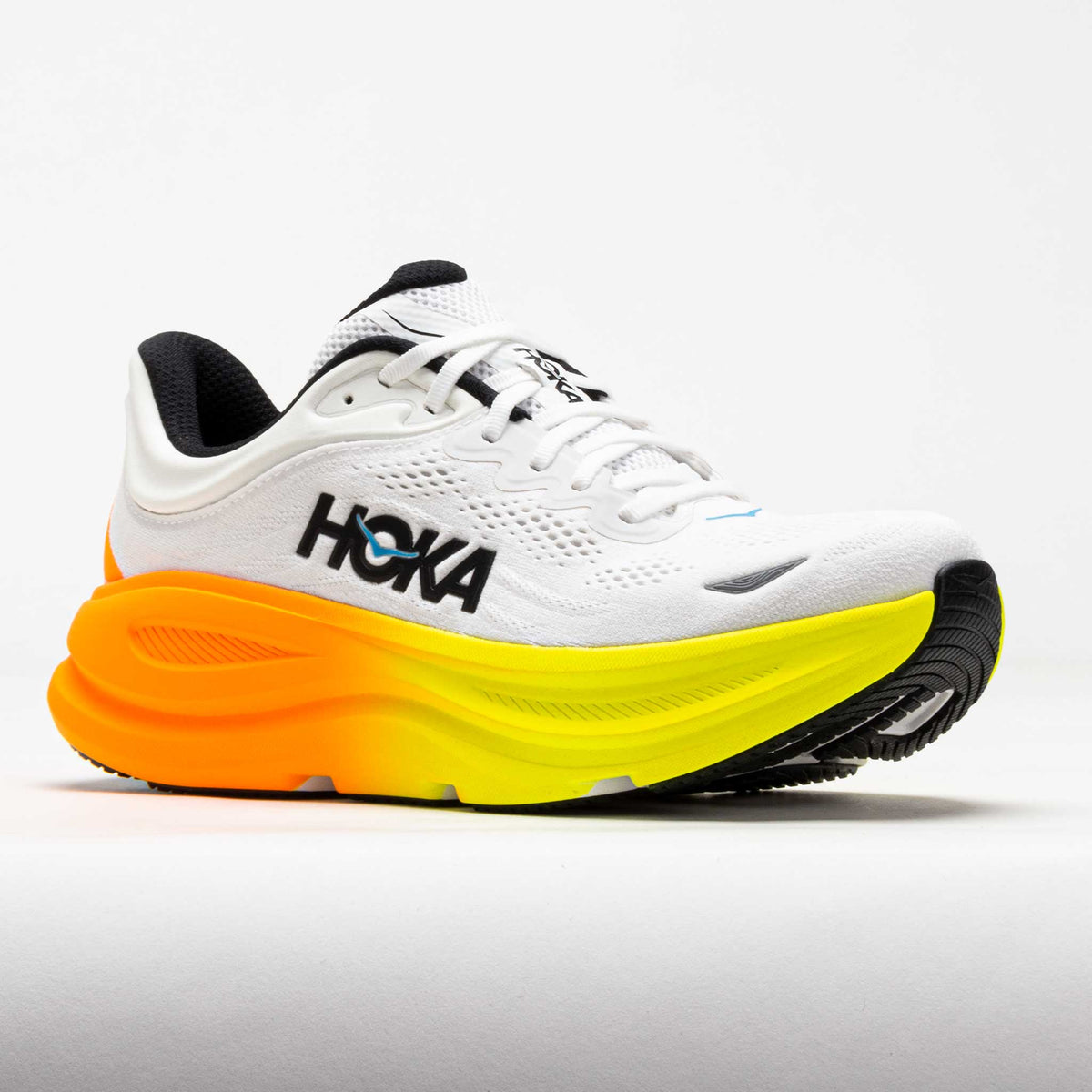 HOKA Bondi 9 running shoe in white with neon tangerine and yellow midsole