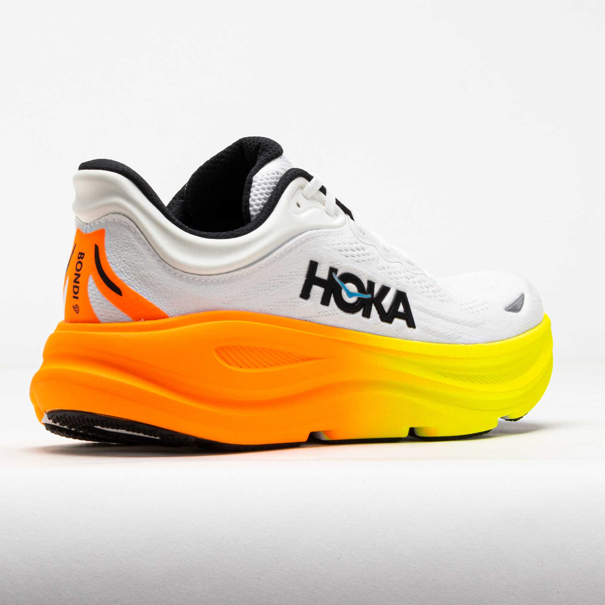 HOKA Bondi 9 running shoe in white with neon tangerine and yellow gradient midsole