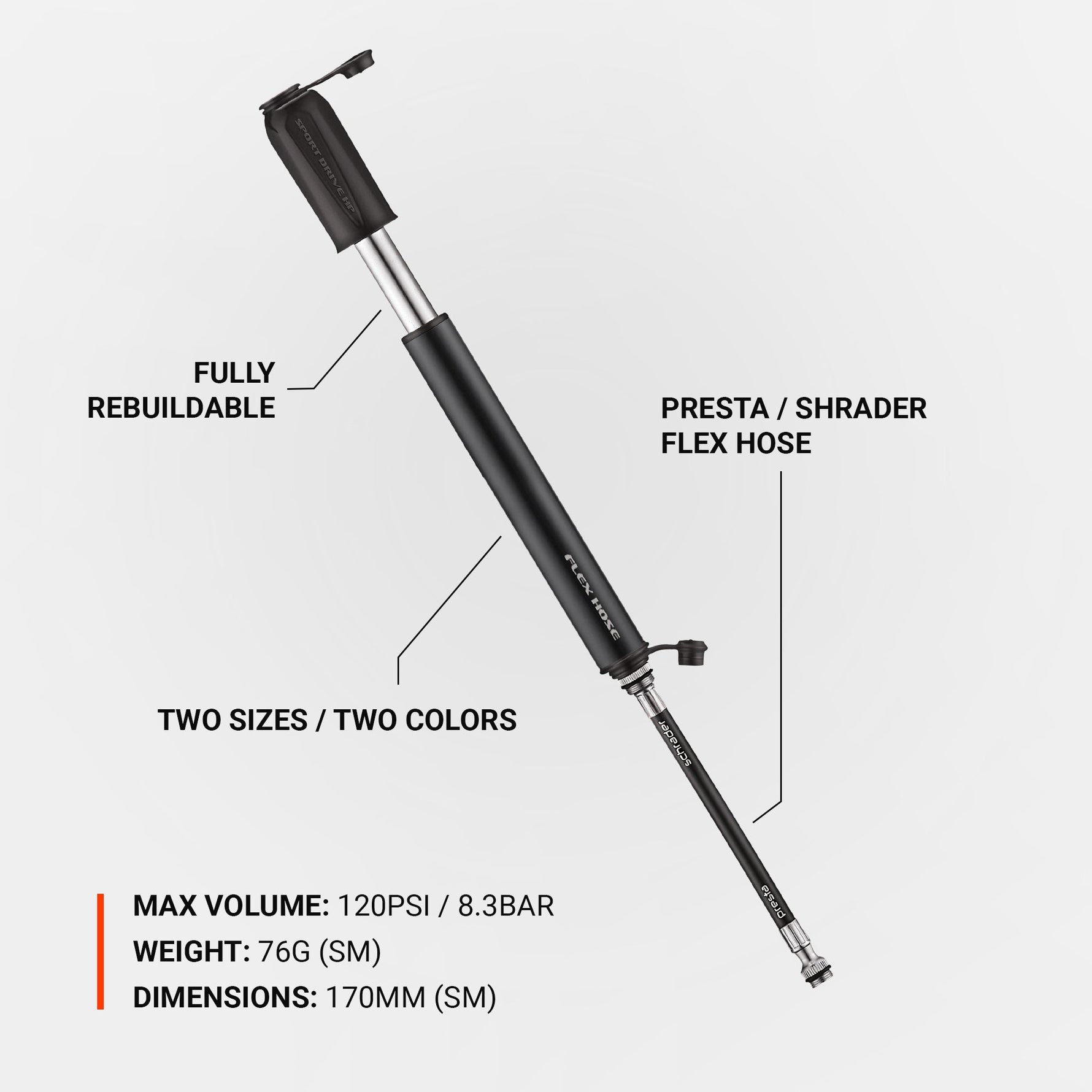 Lezyne Sport Drive HP bike pump in black with specifications labeled