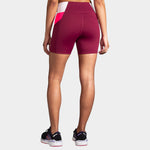 Brooks Method 5-inch short tights in burgundy with pink and white colorblock design, rear view