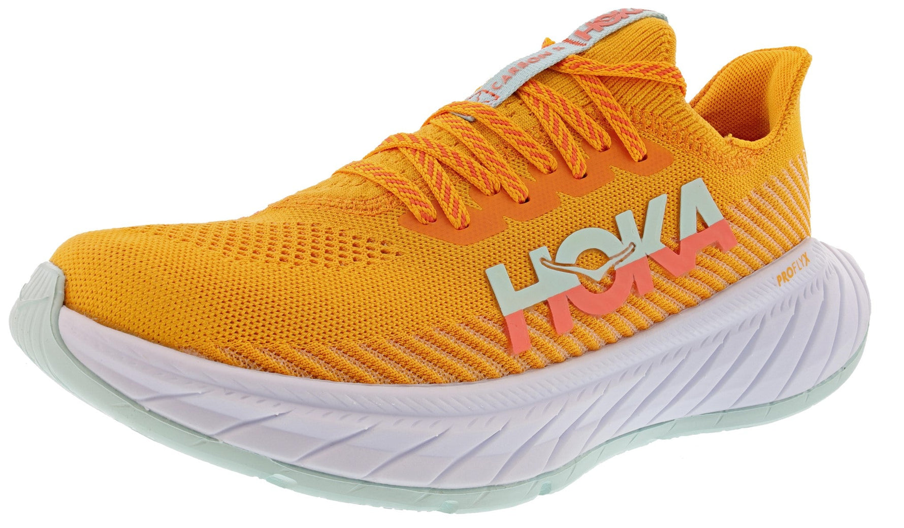 Hoka Carbon X 3 women's running shoe in radiant yellow with coral accents