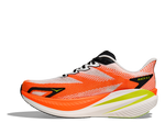Hoka Mach X 3 running shoe in white and neon tangerine colorway