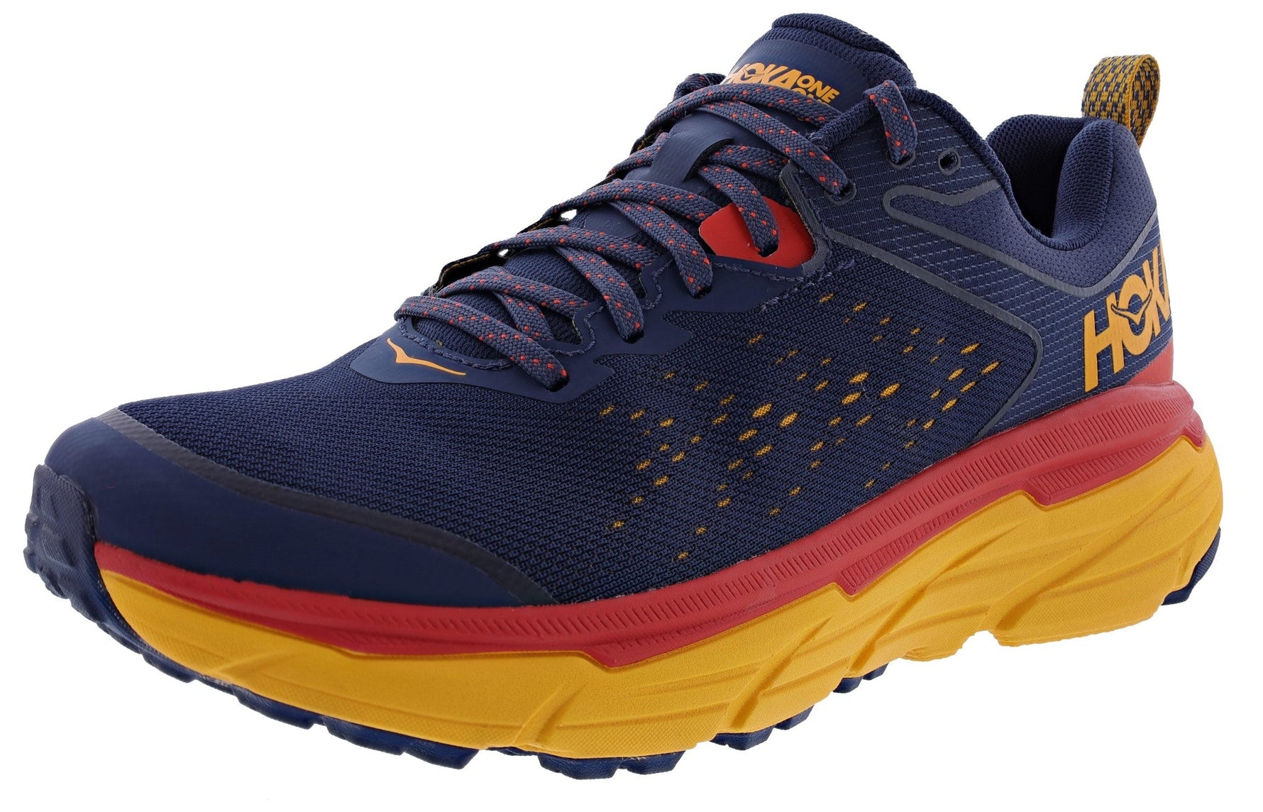 HOKA Challenger ATR 6 men's trail running shoe in navy blue with yellow midsole