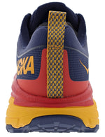 Hoka Challenger ATR 6 running shoe heel view in navy and yellow colorway