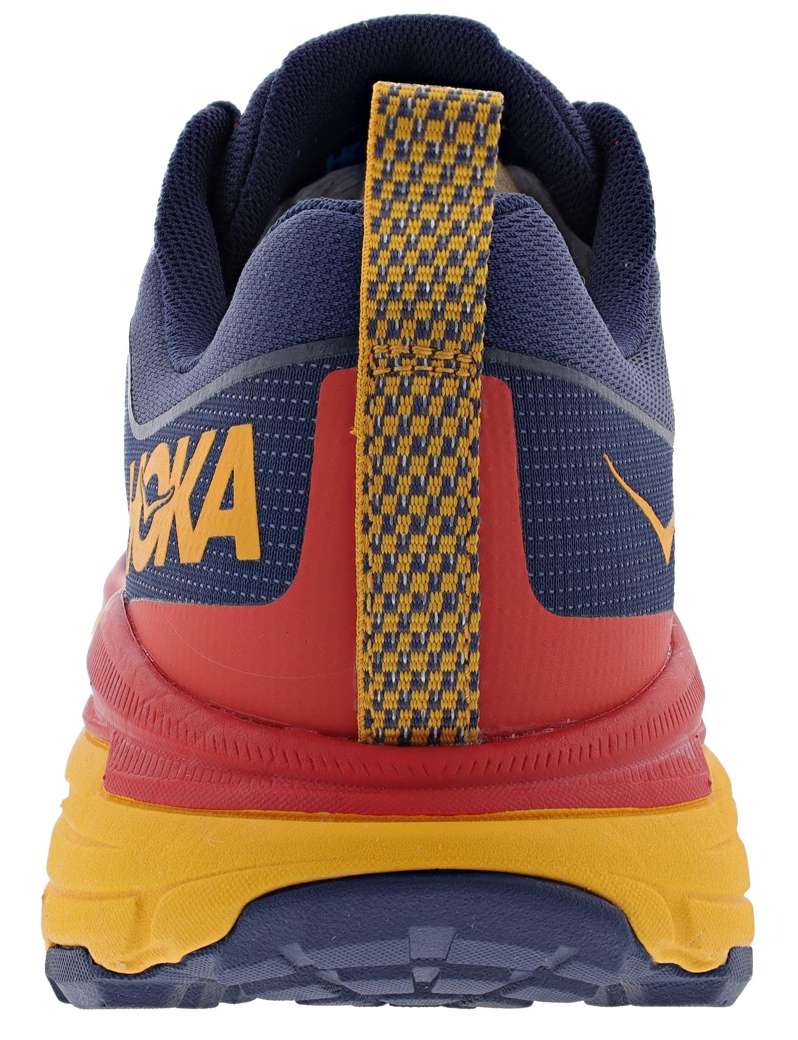 Hoka Challenger ATR 6 running shoe heel view in navy and yellow colorway