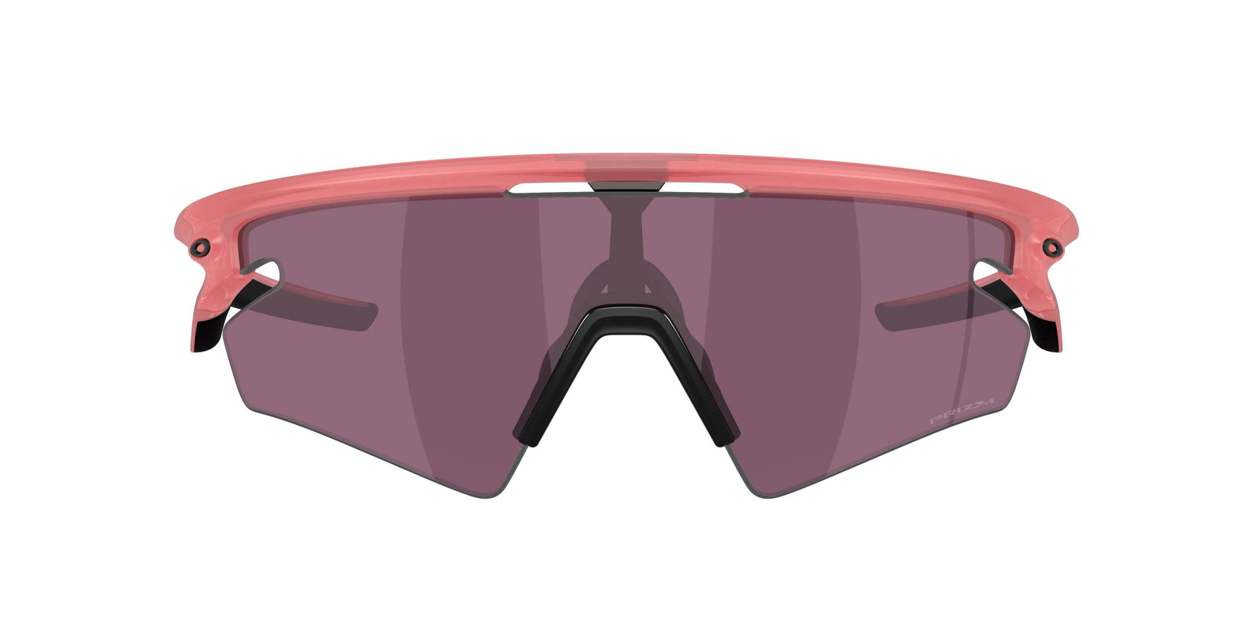 Oakley Sphaera sunglasses with coral pink frame and dark purple lenses on white background