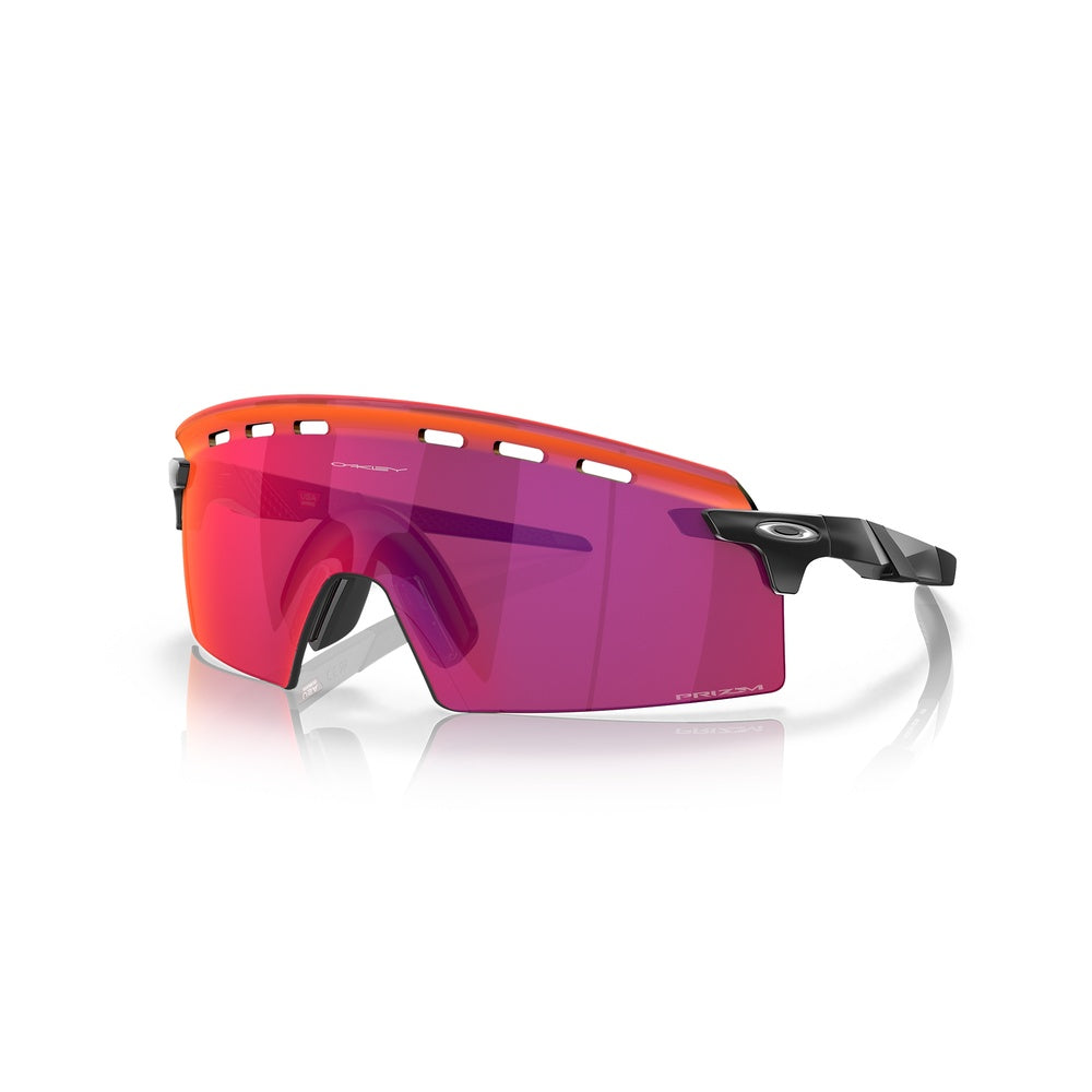 Oakley Encoder Strike sunglasses with matte black frame and orange-pink Prizm Road lenses
