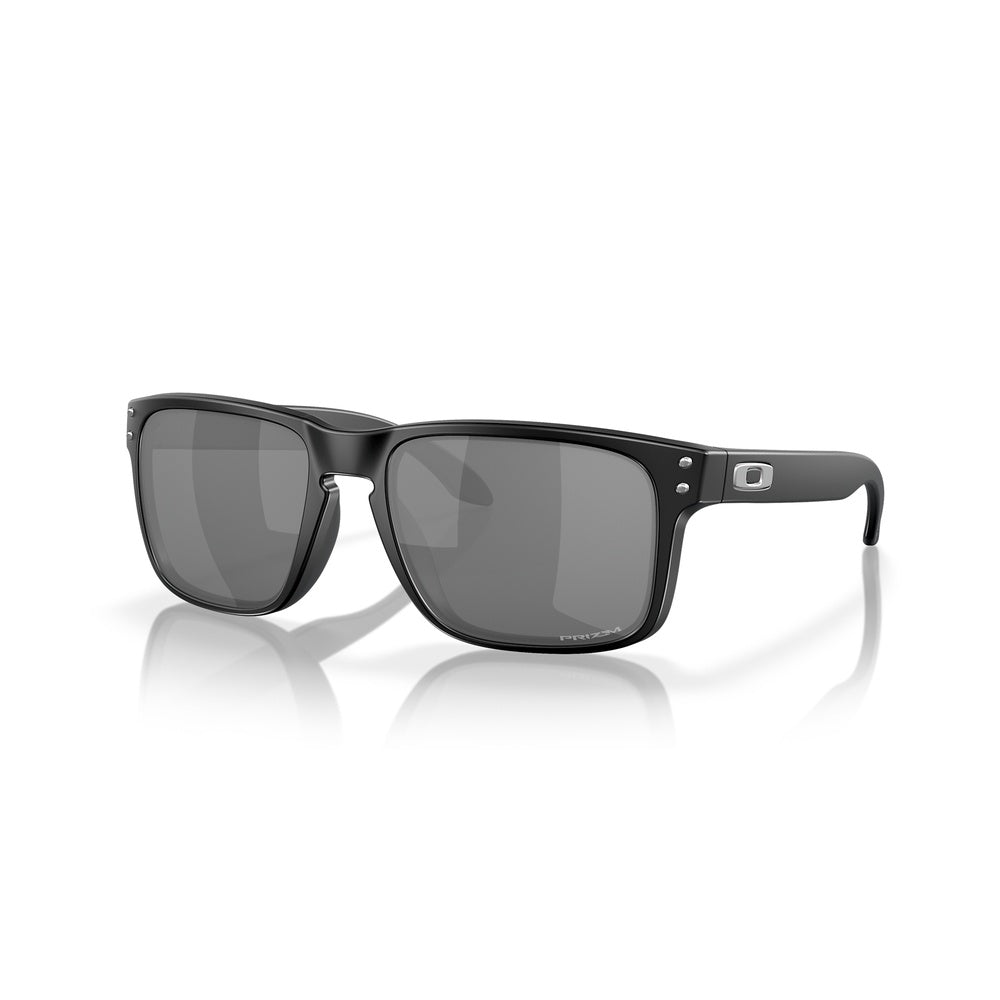 Oakley Holbrook sunglasses in matte black frame with dark Prizm Black lenses, angled view