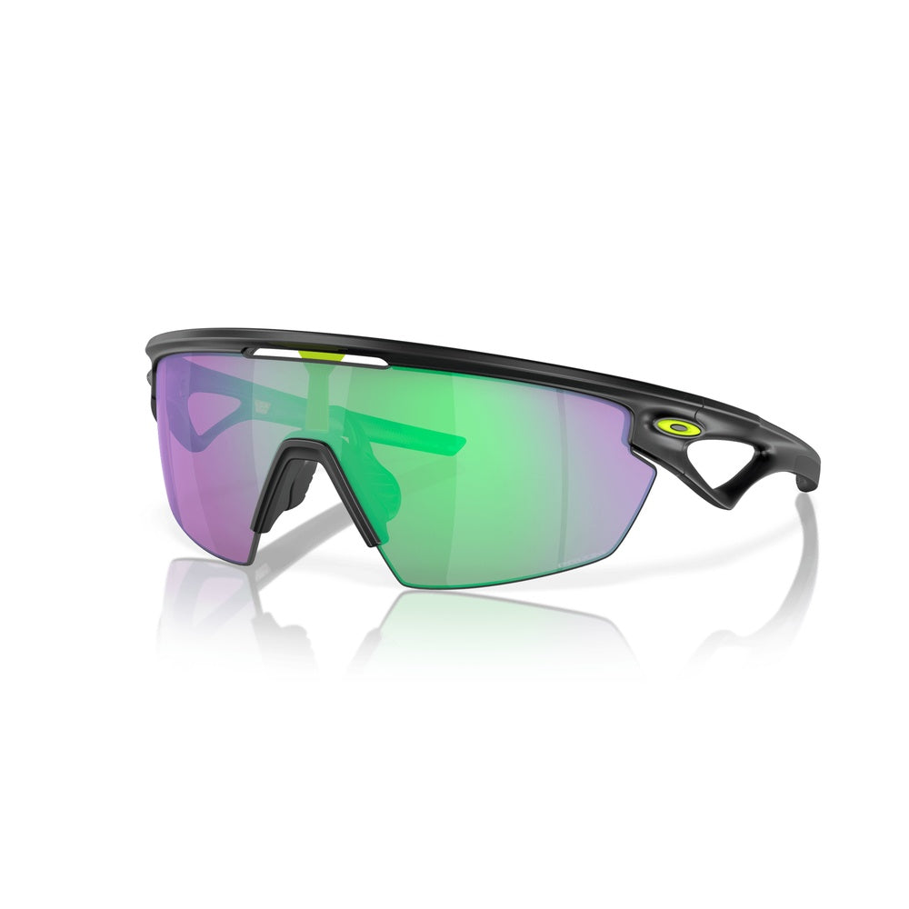Oakley Sphaera sunglasses with matte black frame and green jade reflective lenses