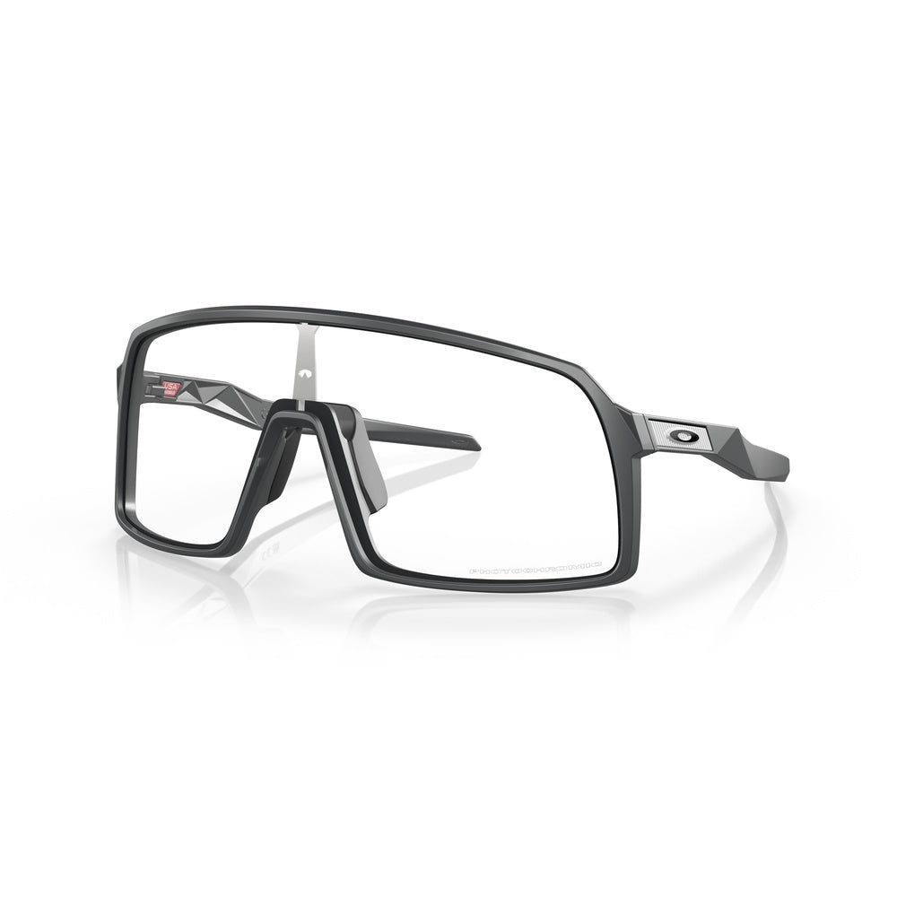 Oakley Sutro sunglasses with matte carbon frame and clear photochromic lenses
