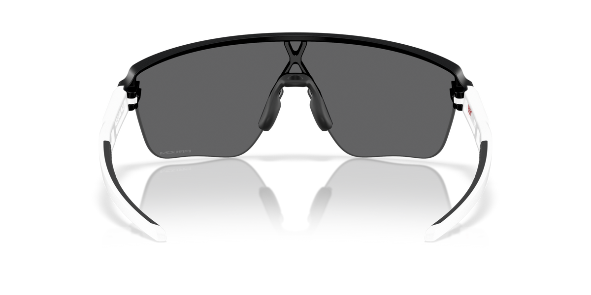 Oakley Corridor SQ sunglasses rear view, matte black frame with white temples and Prizm Black lens