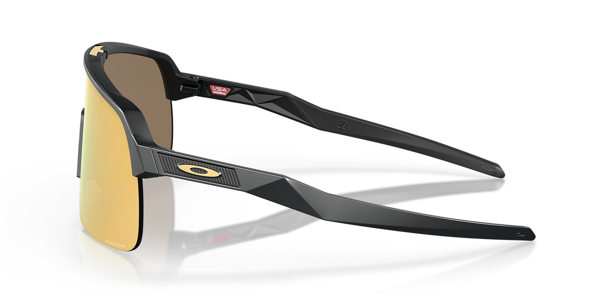 Oakley Sutro Lite Matte Carbon sunglasses side profile view showing temple arm and USA-made badge