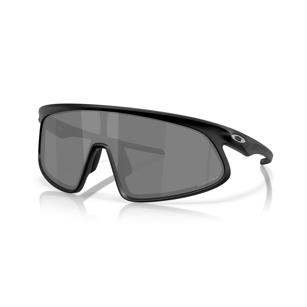 Oakley RSLV wraparound sunglasses with matte black frame and dark smoke lenses
