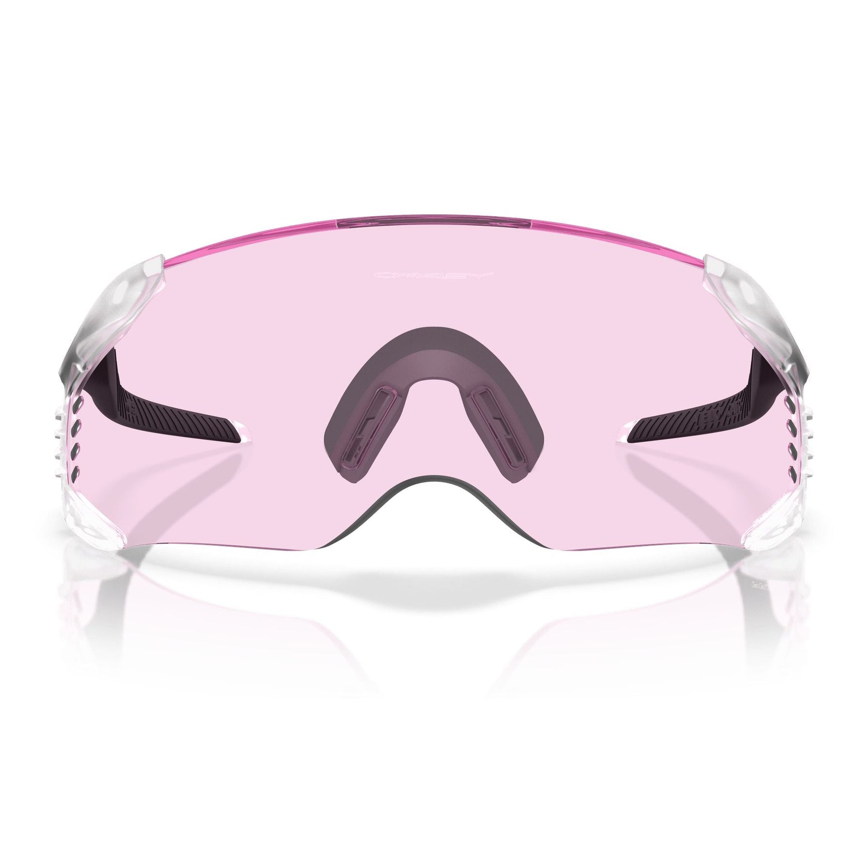 Oakley Kato sunglasses with clear frame and pink prizm lens on white background