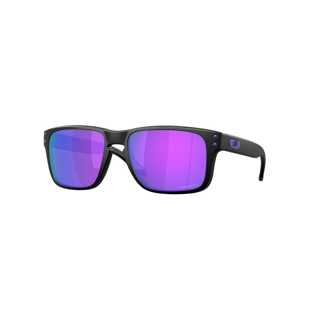 Oakley Holbrook S sunglasses in matte black frame with purple Prizm Violet lenses, angled view