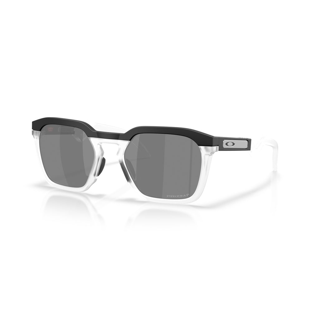 Oakley HSTN SQ sunglasses with matte black frame, clear temples, and Prizm grey polarized lenses