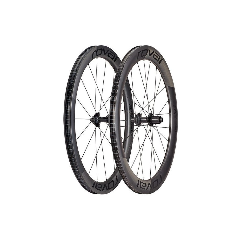 Specialized Roval carbon disc brake wheelset with deep rim profile on white background