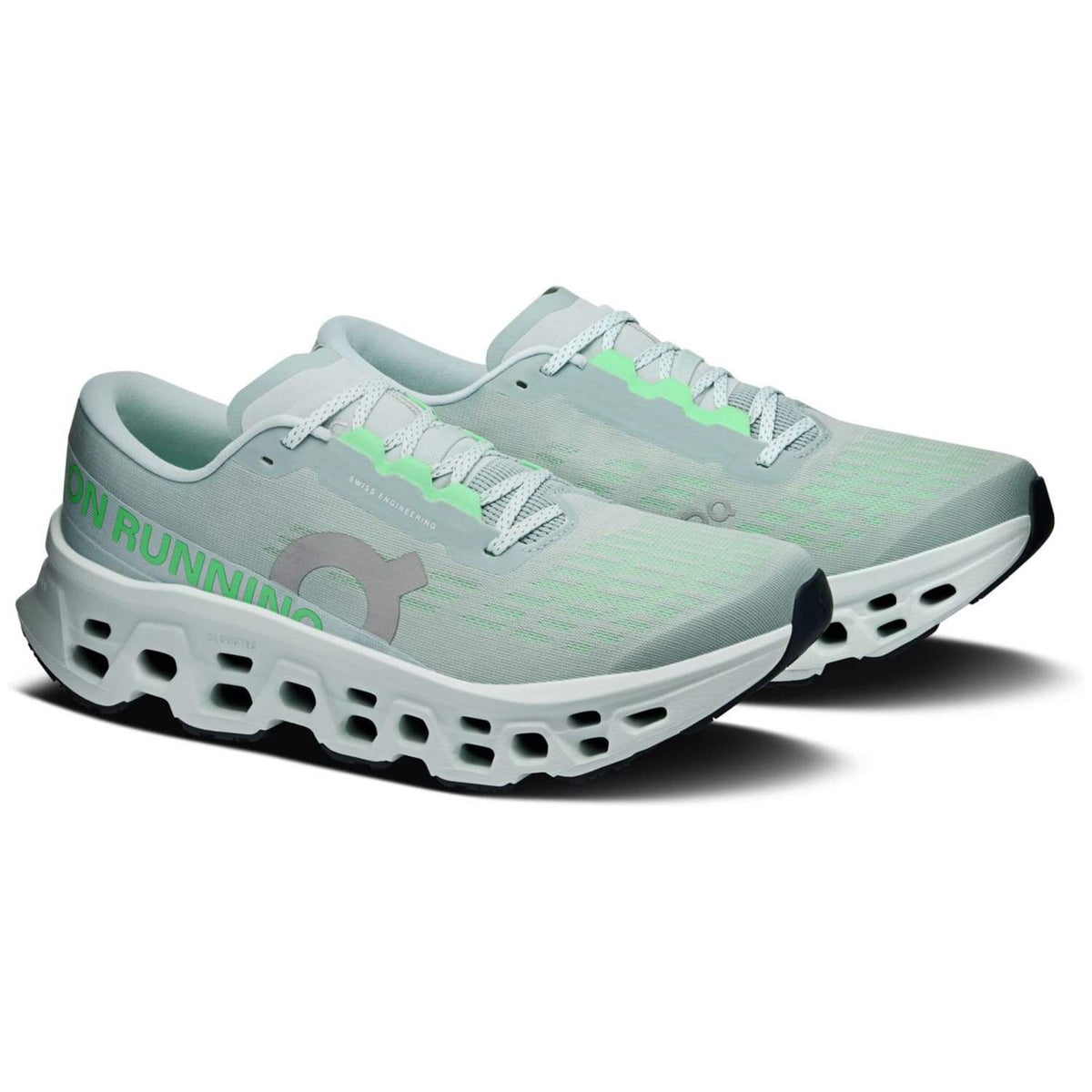 On Cloudmonster 3 running shoes pair in Brook Flurry, three-quarter front view