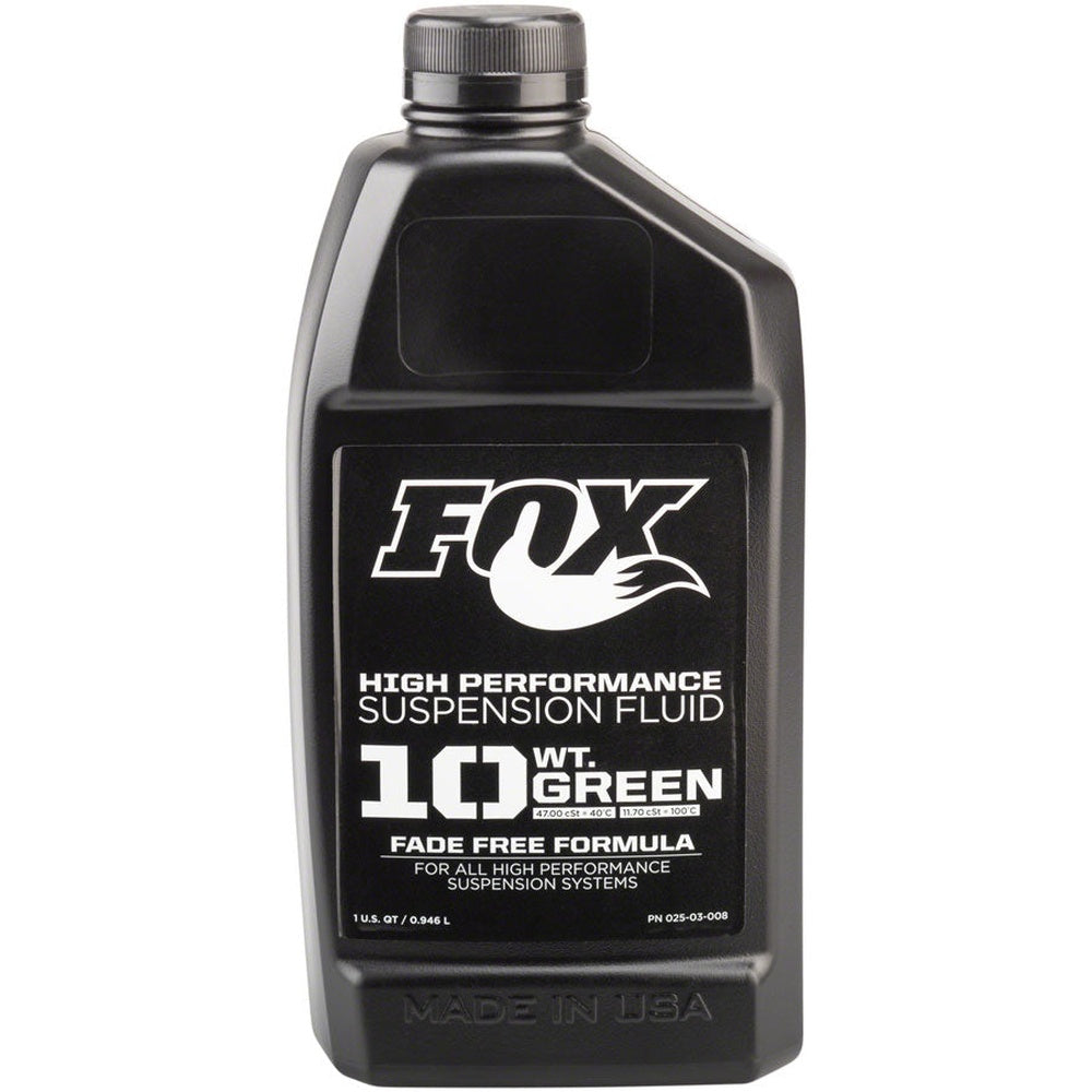 FOX 10 Weight Green high performance suspension fluid, one quart black bottle.