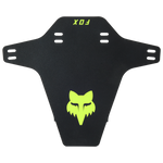Fox Racing mudguard in black with bright green fox head logo and mounting holes