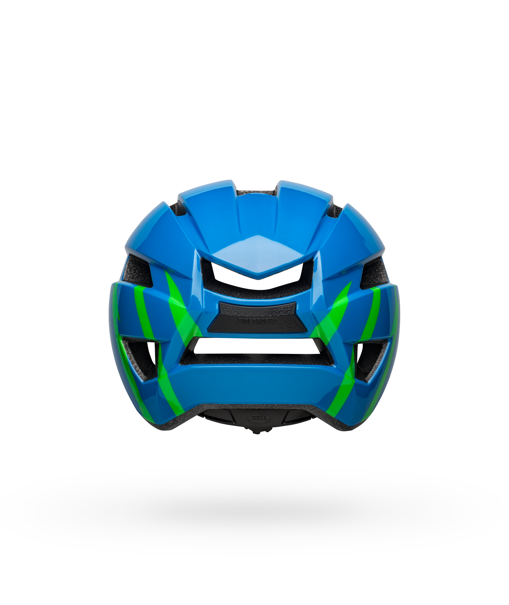 Bell Sidetrack II youth cycling helmet in blue with green accents, rear view