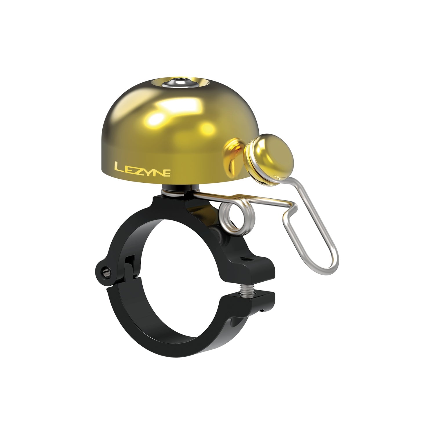 Lezyne Classic Brass Bell with black clamp mount and striker mechanism