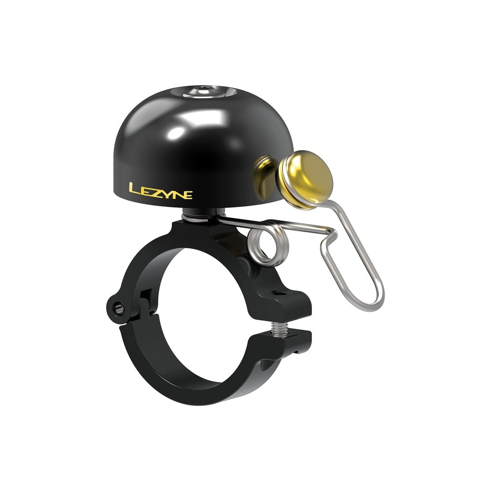 Lezyne Classic Brass Bell with black dome, gold striker, and handlebar clamp mount