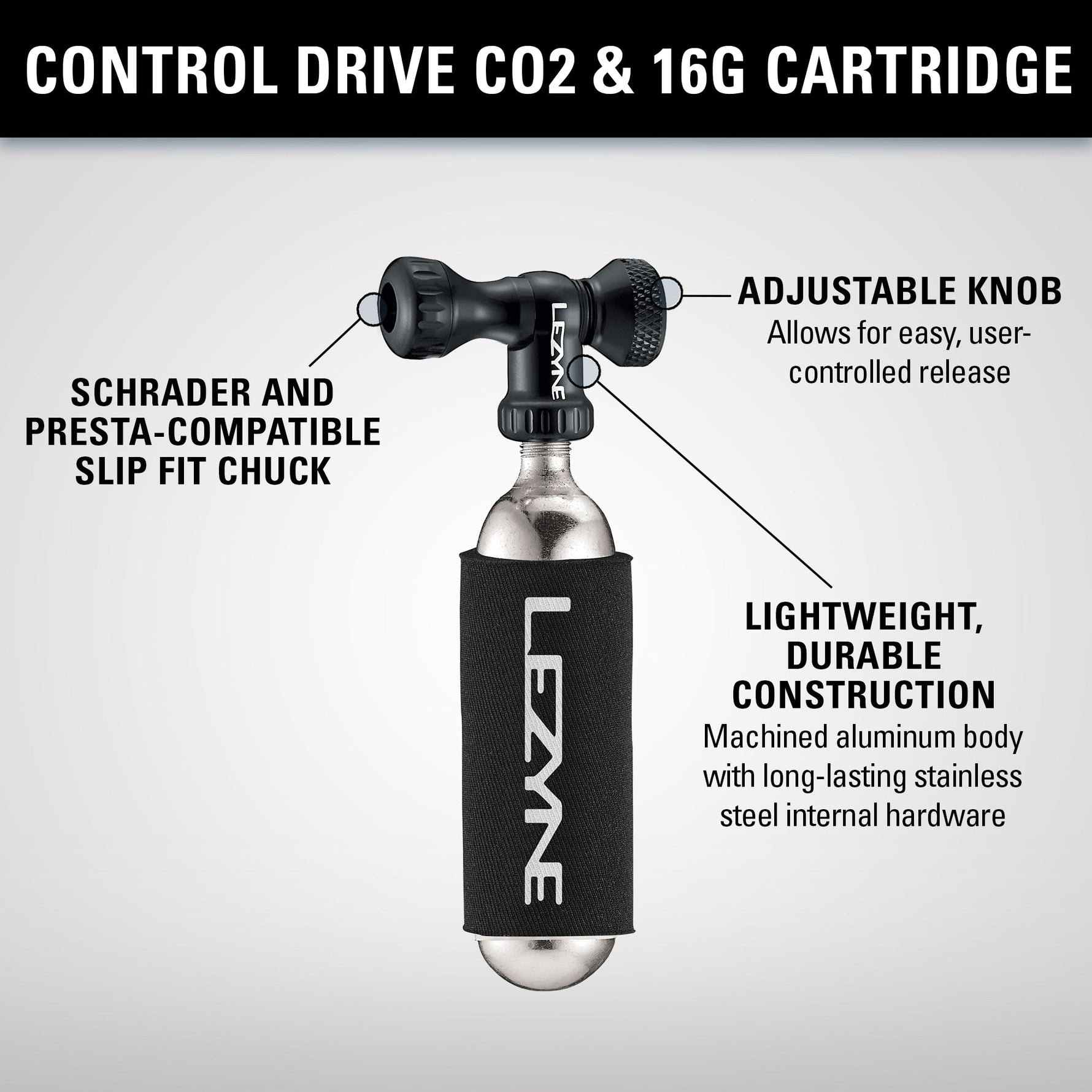 Lezyne Control Drive CO2 cartridge head with adjustable knob and black sleeve