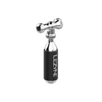 Lezyne Control Drive CO2 inflator head with black cartridge and silver metal components