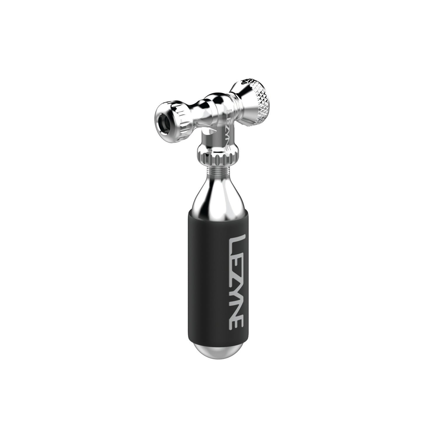Lezyne Control Drive CO2 inflator head with black cartridge and silver metal components