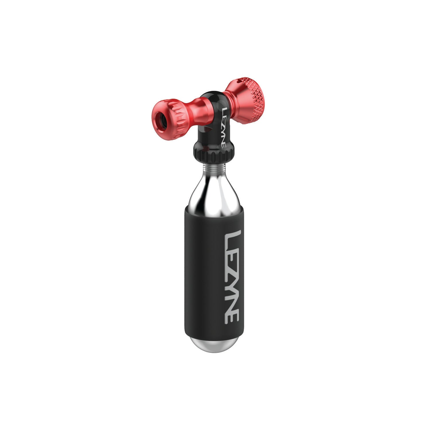 Lezyne Control Drive CO2 inflator head with black cartridge and red valve components