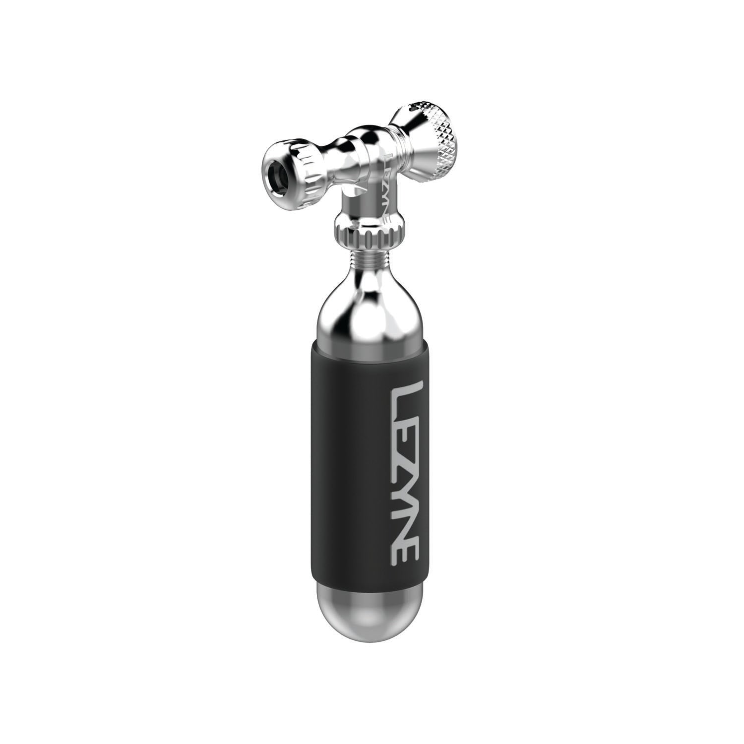 Lezyne Control Drive CO2 inflator head with black cartridge and chrome mechanism
