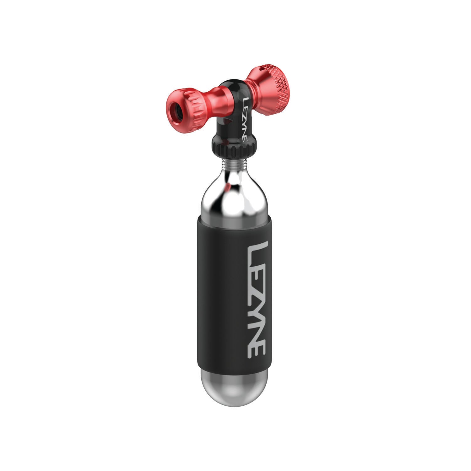 Lezyne Control Drive CO2 inflator head with red accents and black CO2 cartridge