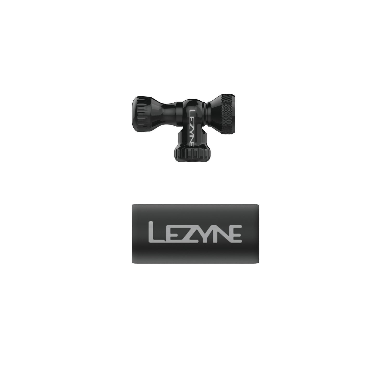 Black Lezyne Control Drive CO2 head with threaded connection and brand logo