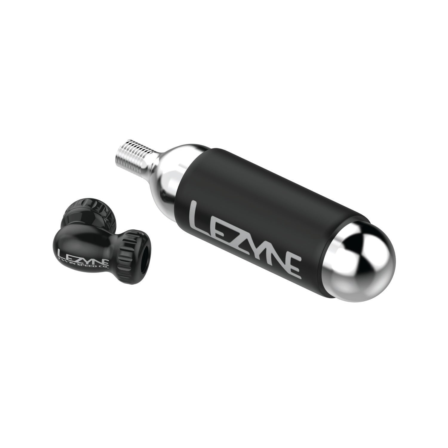 Lezyne Twin Speed Drive CO2 inflator head in black with silver threading and valve caps
