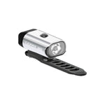 Lezyne 400XL silver bike light with black mounting strap on white background