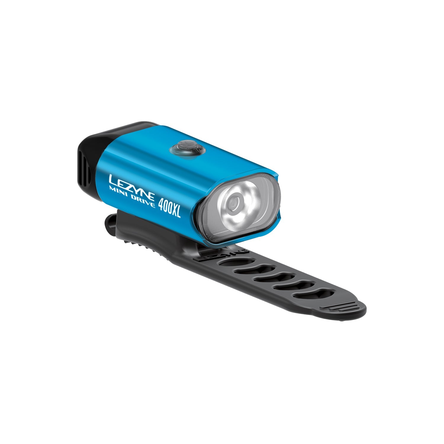 Lezyne Mini Drive 400XL blue bike light with black mounting strap