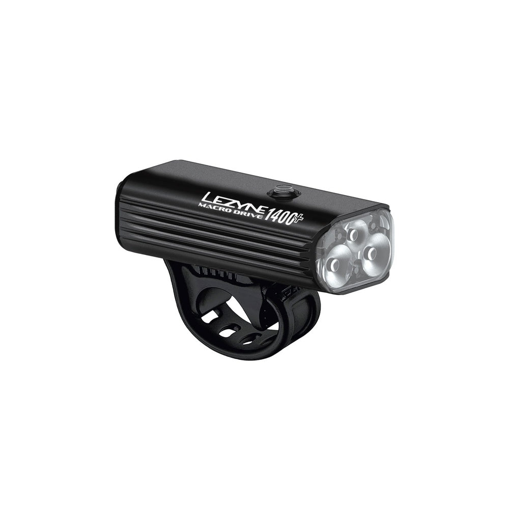 Lezyne Macro Drive 1400+ front bicycle light in satin black, angled view showing mount