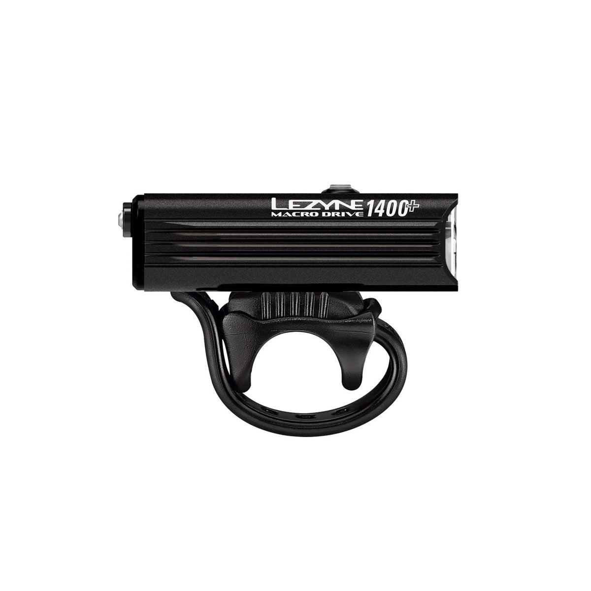 Lezyne Macro Drive 1400+ front bicycle light in satin black, side profile view with mount