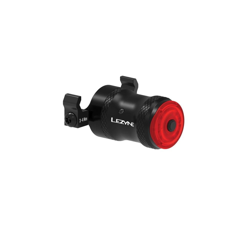 Lezyne black bike rear light with red lens and mounting bracket