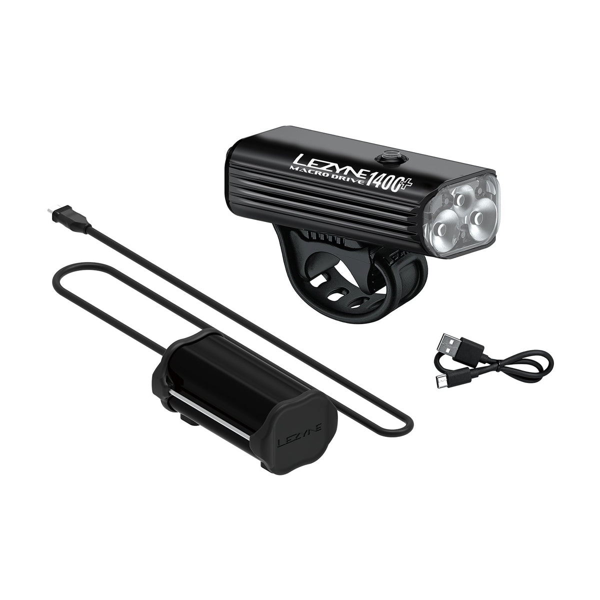 Lezyne Macro Drive 1400+ front light kit with external battery pack and USB charging cable