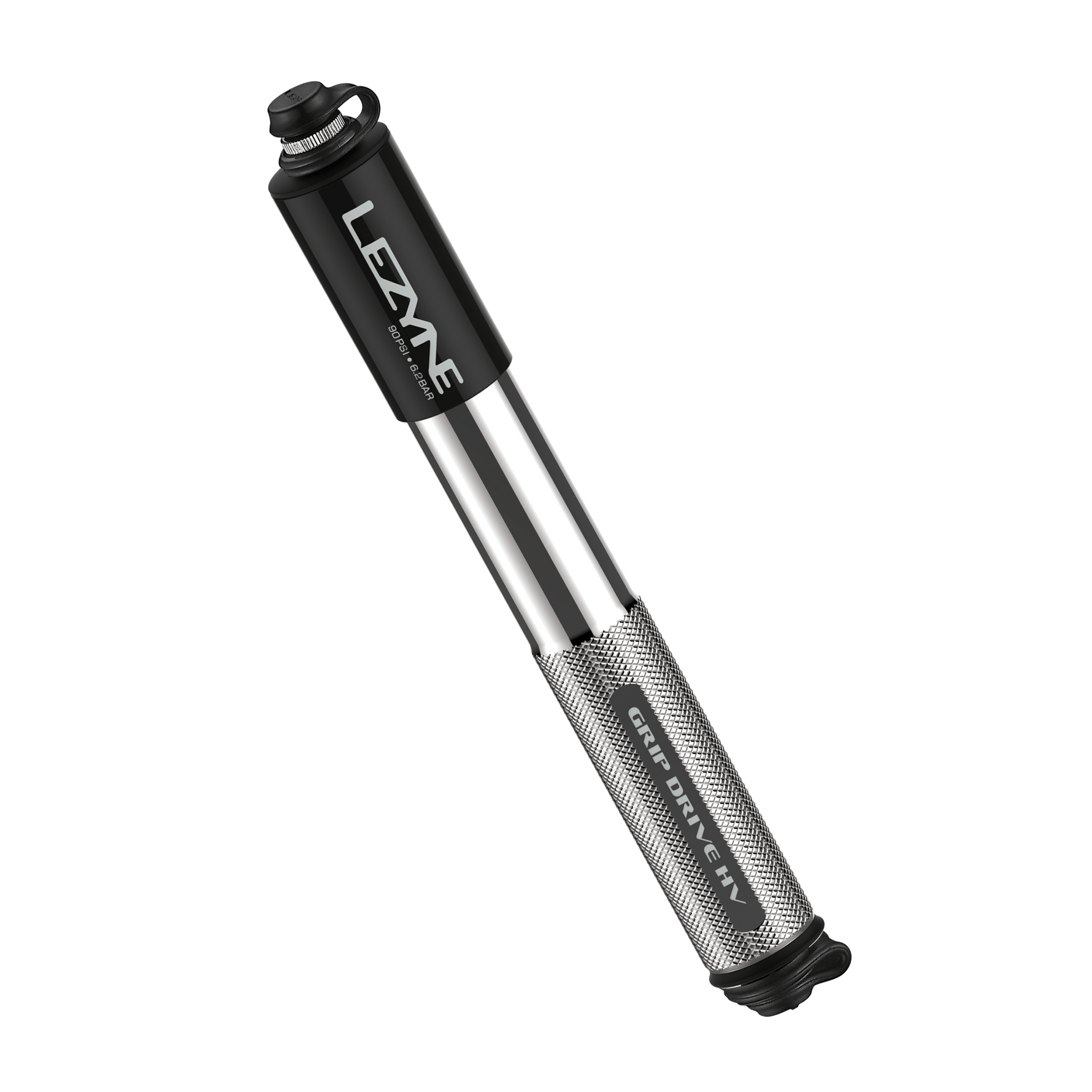 Lezyne HV Grip Drive mini bike pump with black head and silver barrel